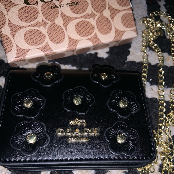 Coach Black Floral appliqué Crossbody Bag with Gold Chain comes in box - Picture 5 of 6